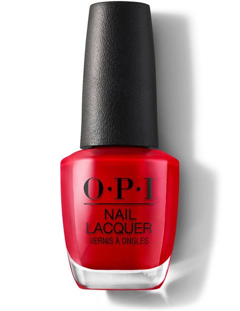 A bottle of bright red nail polish with a black cap, labeled O.P.I Nail Lacquer.