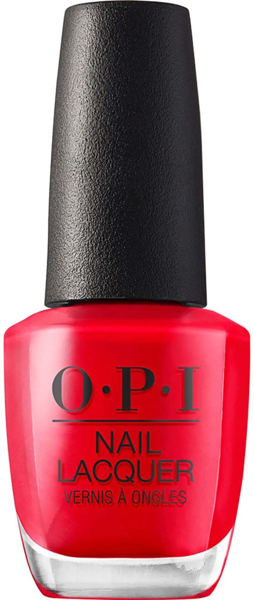 Red nail polish bottle with black cap and black text that says O.P.I Nail Lacquer.