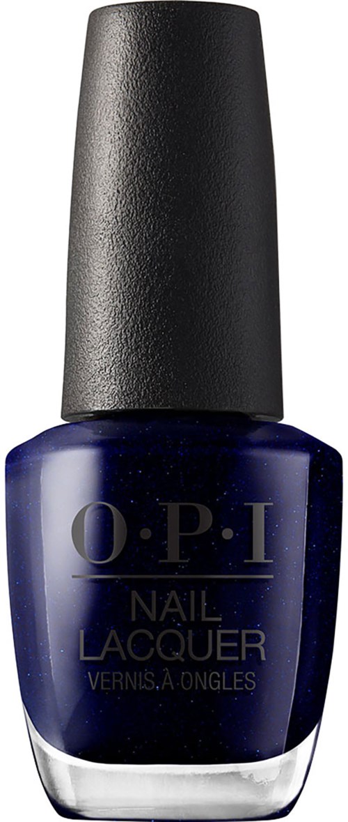 Dark blue nail polish in a bottle with a black cap and O.P.I logo on it.