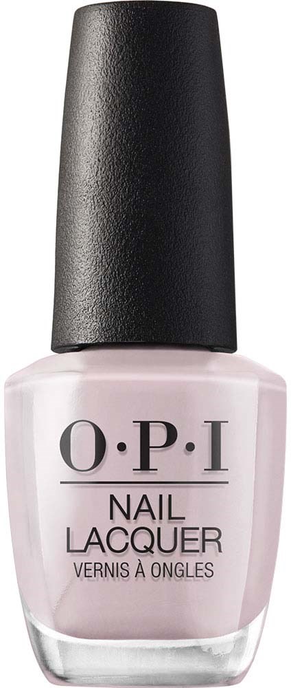 A bottle of light pink nail polish from OPI with a black cap.