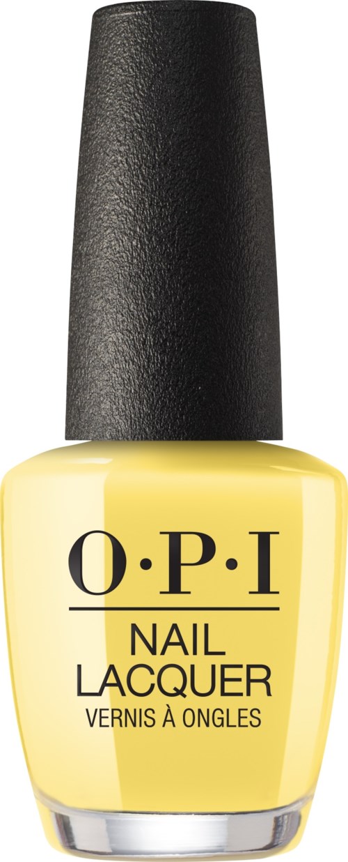 En flaska ljusgul nagellack med svart topp, märkt 'O.P.I Nail Lacquer' i svart text.