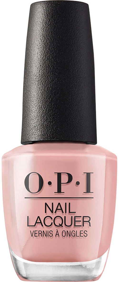 A pink nail polish bottle with a black cap, labeled "O.P.I Nail Lacquer."