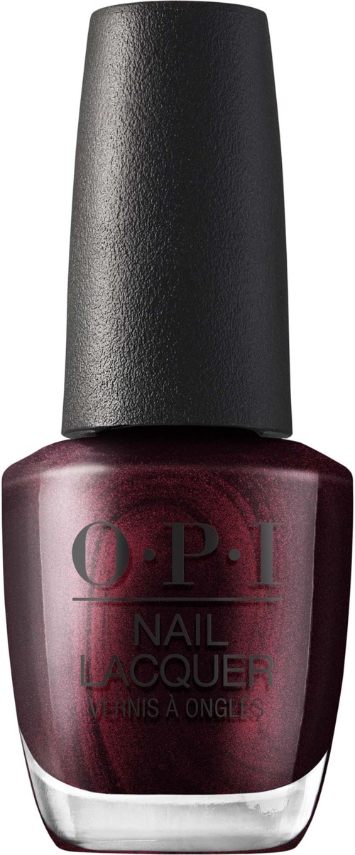 Mørk burgunder neglelakkflaske med svart hette og OPI-logo på forsiden.