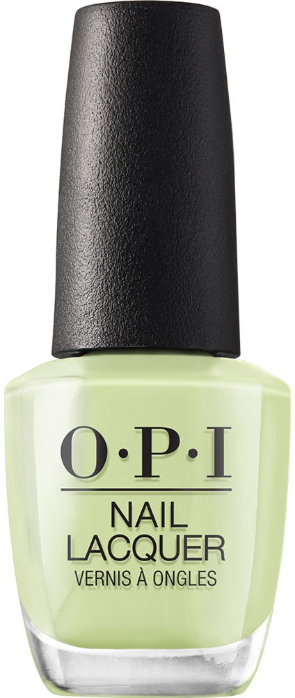 En flaska ljusgrön nagellack med svart topp, märkt O.P.I Nail Lacquer.