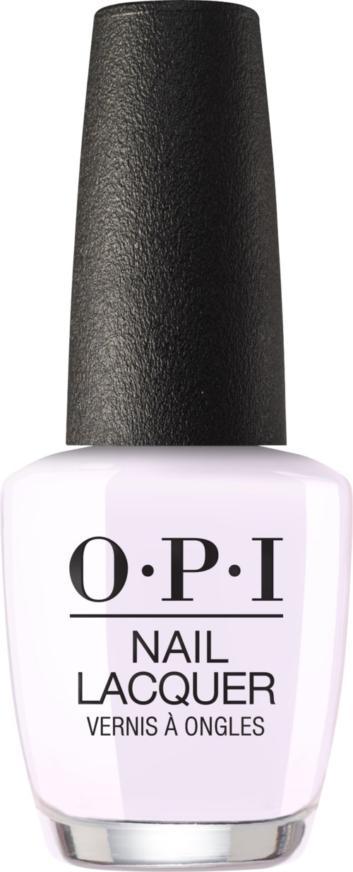 A white bottle of O.P.I nail lacquer with a black cap, simple label design, standing upright.