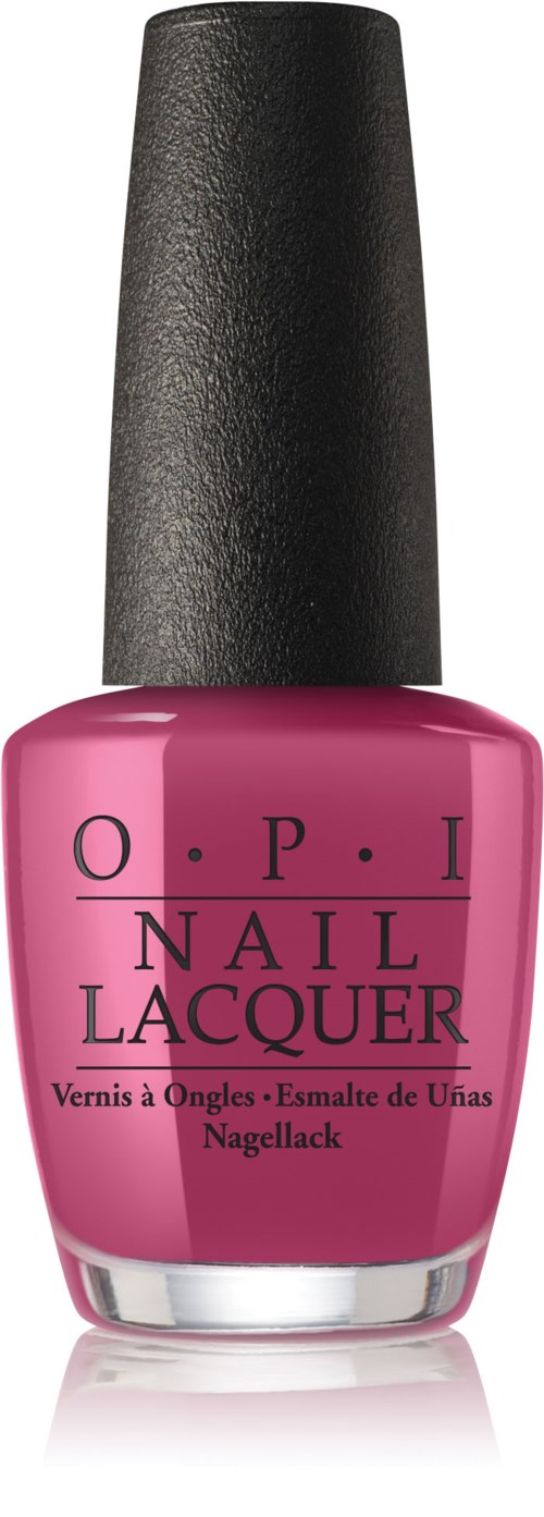 Punkinvärinen kynsilakkapullo, jossa musta korkki ja teksti 'O.P.I Nail Lacquer'.