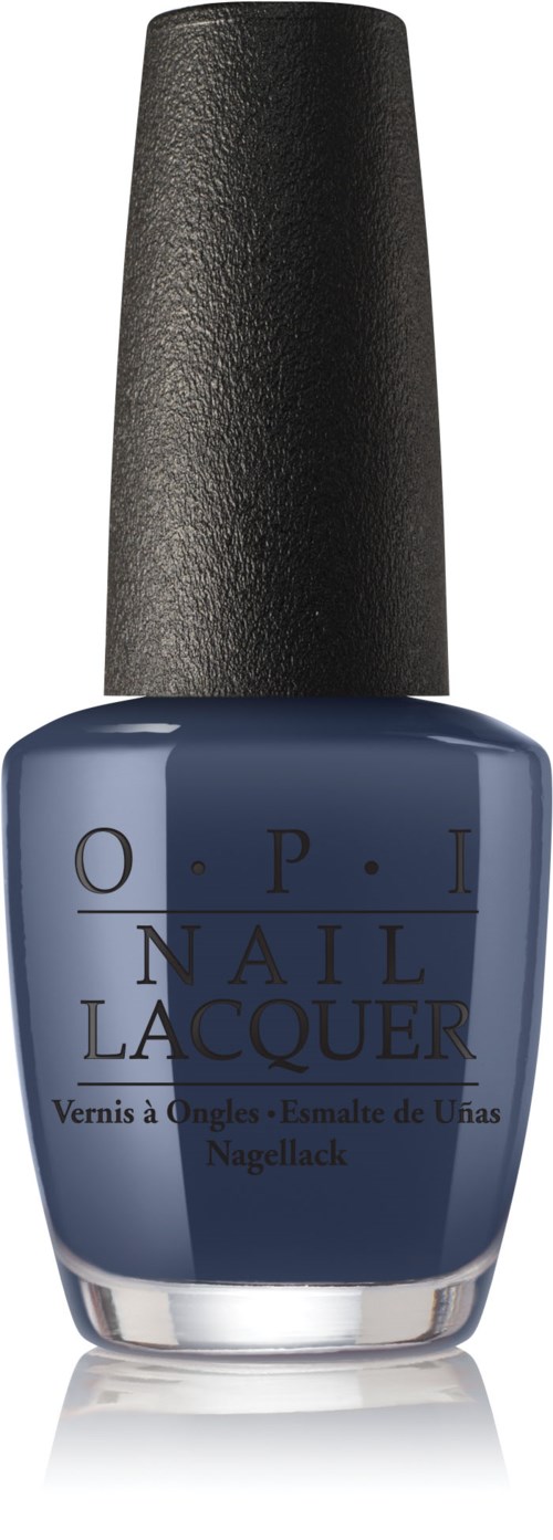 Sininen kynsilakkapullo, jossa musta korkki, merkinnällä "O.P.I Nail Lacquer."
