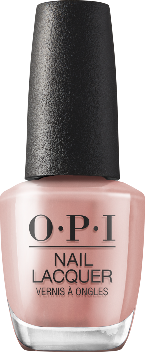 En flaska nagellack från OPI med ljusrosa färg, svart lock och tydlig etikett.