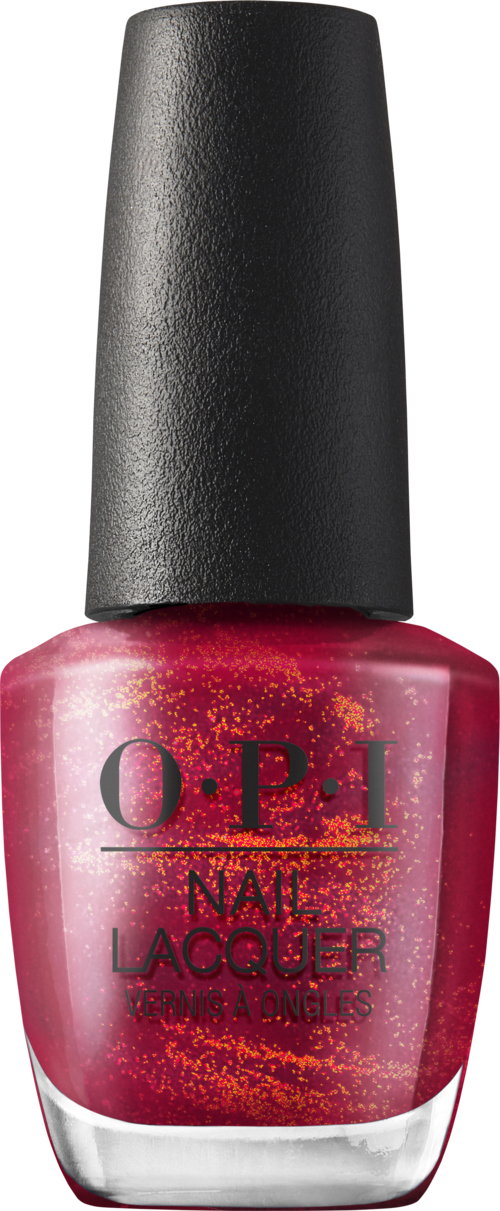 Röd nagellackflaska med svart lock och glittrande finish. Märket är O.P.I. och det är nagellack.
