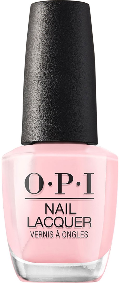 Pink nail polish bottle with black cap, labeled 'O.P.I Nail Lacquer'.