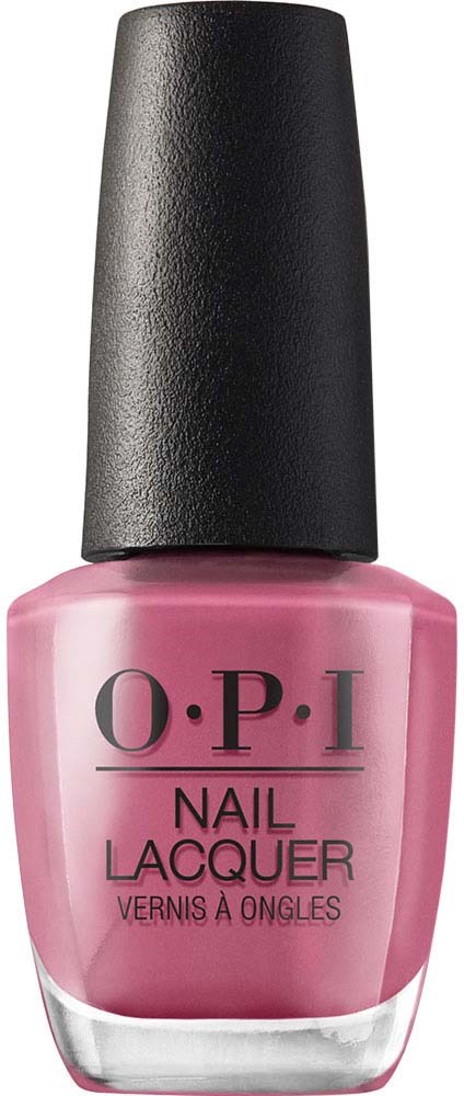 Pink nail polish in a bottle with a black cap, labeled O.P.I Nail Lacquer.