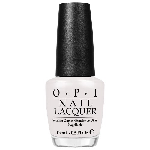 Valkoinen kynsilakkapullo, jossa musta korkki, OPI-merkkinen, 15 ml tilavuus.