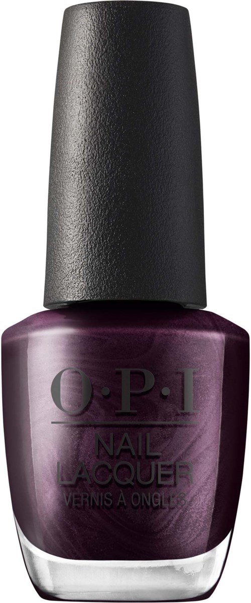 Mørk lilla neglelakkflaske med svart hette og OPI-logo, skinnende glassbeholder.
