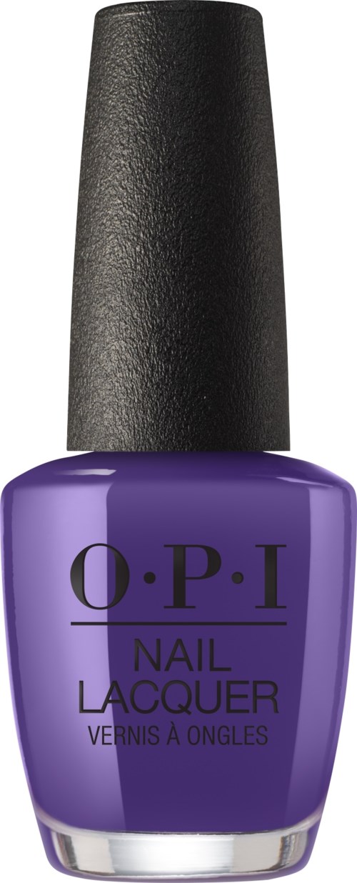 En lila nagellackflaska med svart lock, märkt 'O.P.I'.