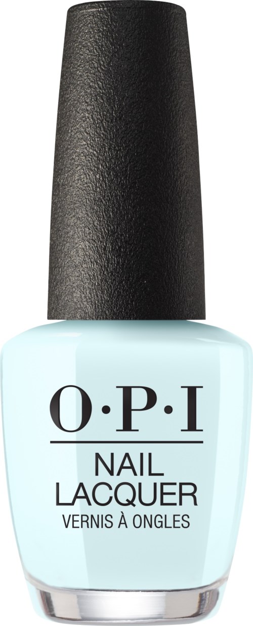 Light blue nail polish bottle with black cap, labeled 'O.P.I. Nail Lacquer' in black text.