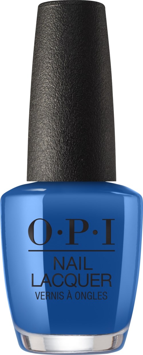 En ljusblå nagellacksflaska med svart lock, märkt 'O.P.I Nail Lacquer'.