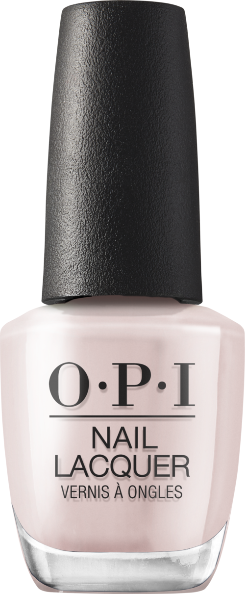 A bottle of O.P.I nail lacquer with a black cap and light pink nail polish inside.