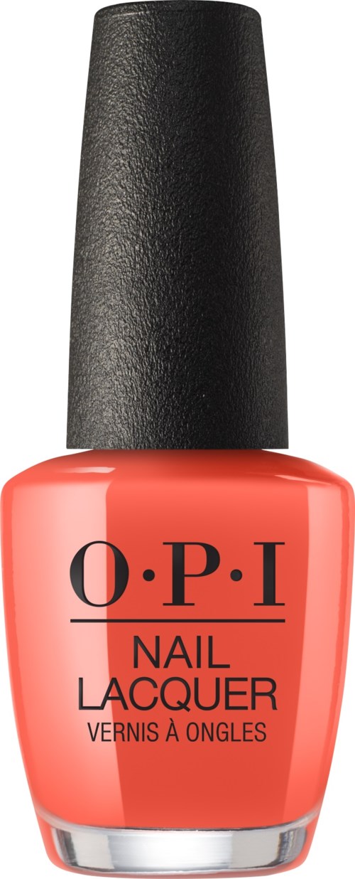 En ljus korallfärgad nagellackflaska med svart lock, märkt 'O.P.I Nail Lacquer.'