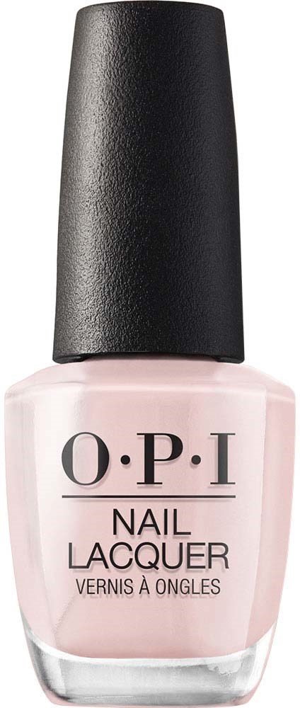 A bottle of light pink nail polish with a black cap, labeled O.P.I Nail Lacquer.