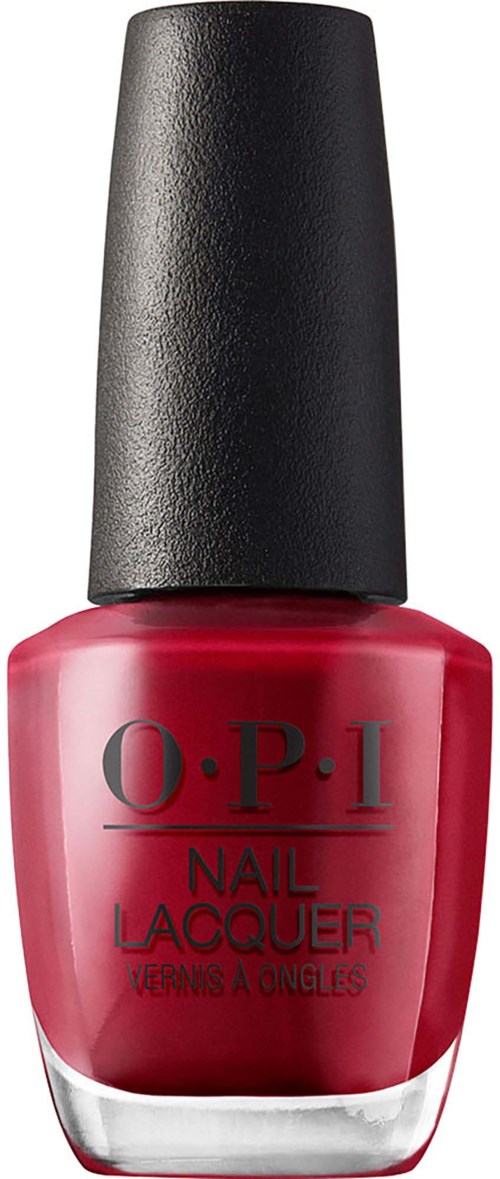 Red nail polish bottle with a black cap, labeled O.P.I Nail Lacquer.