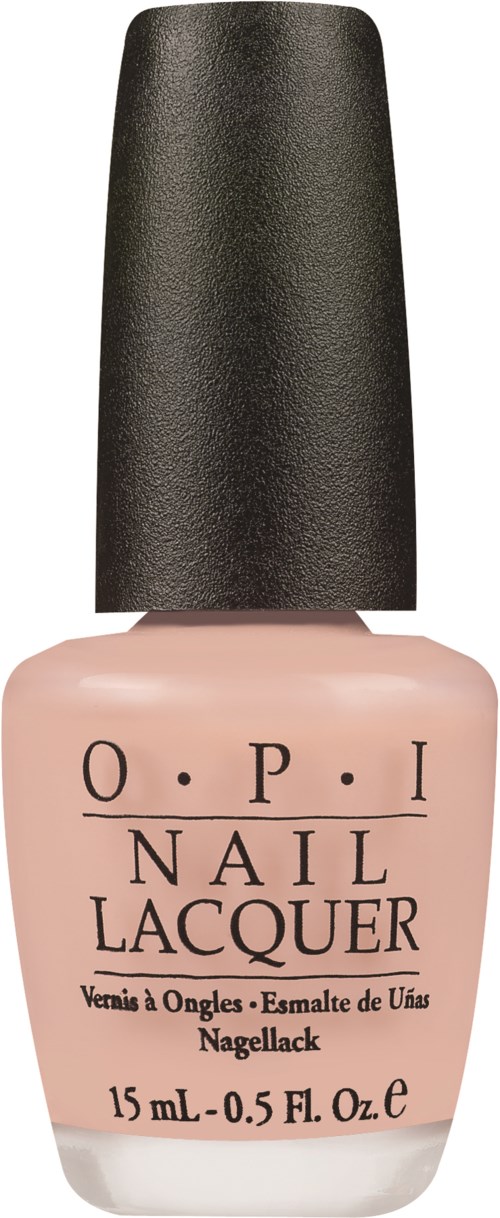 Rosafärgad nagellackflaska med svart lock, märkt "O.P.I Nail Lacquer," storlek 15 mL.