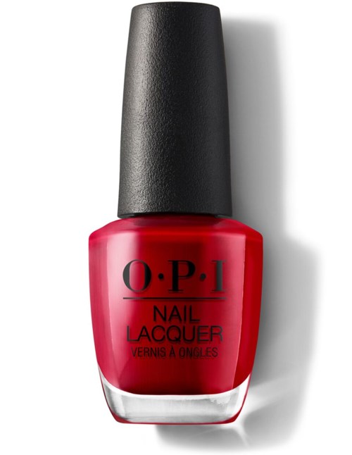 A red nail polish bottle with a black cap from O.P.I, labeled 'Nail Lacquer.'
