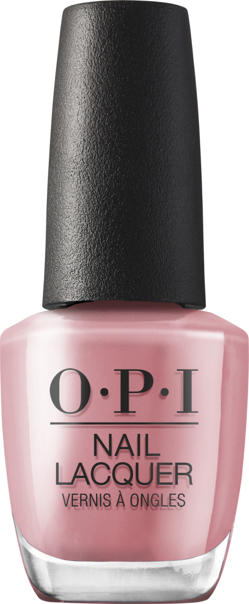 Rosa Nagellackflasche mit schwarzem Deckel, mit O.P.I, Nagellack und französischem Text.