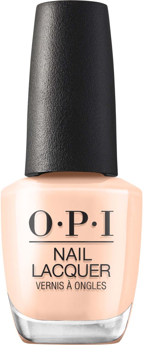 En flaske med OPI neglelakk med beige farge og svart lokk.