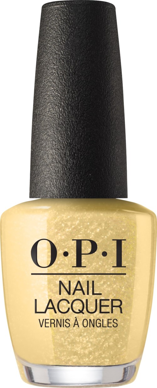 Burk med gul nagellack med svart topp och O.P.I-logg.