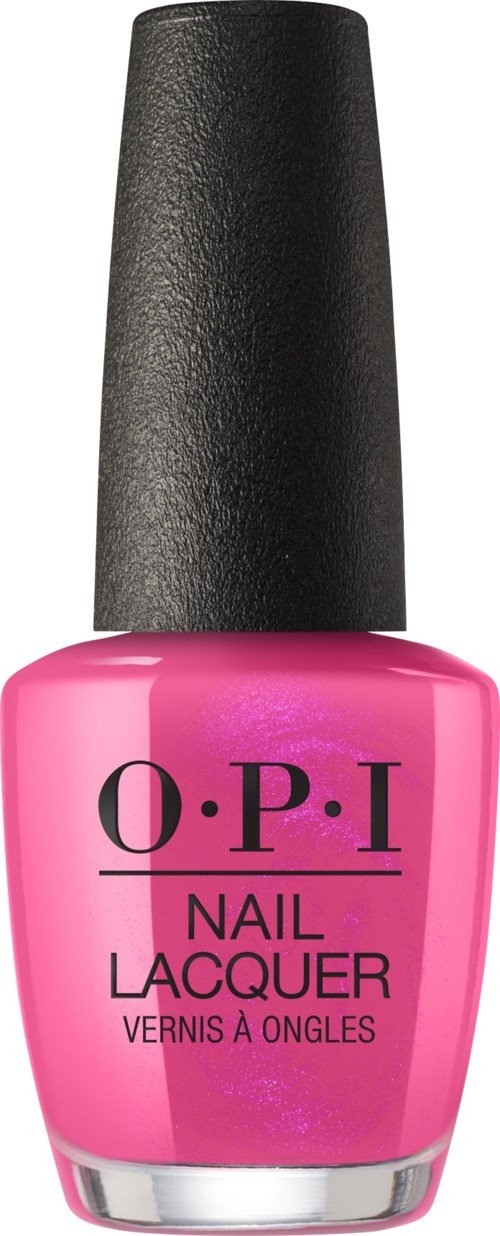 Pink nail polish bottle with black cap, labeled O.P.I Nail Lacquer.