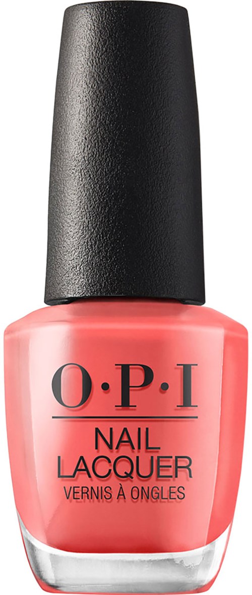Pink nail polish bottle with black cap, labeled O.P.I Nail Lacquer.