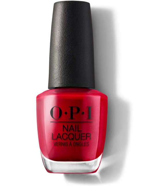 A bottle of bright red nail polish with black cap from O.P.I. Nail Lacquer line.