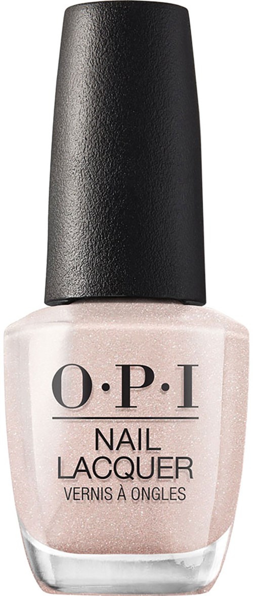 A small clear bottle of light pink nail polish with a black cap, labeled 'O.P.I Nail Lacquer.'