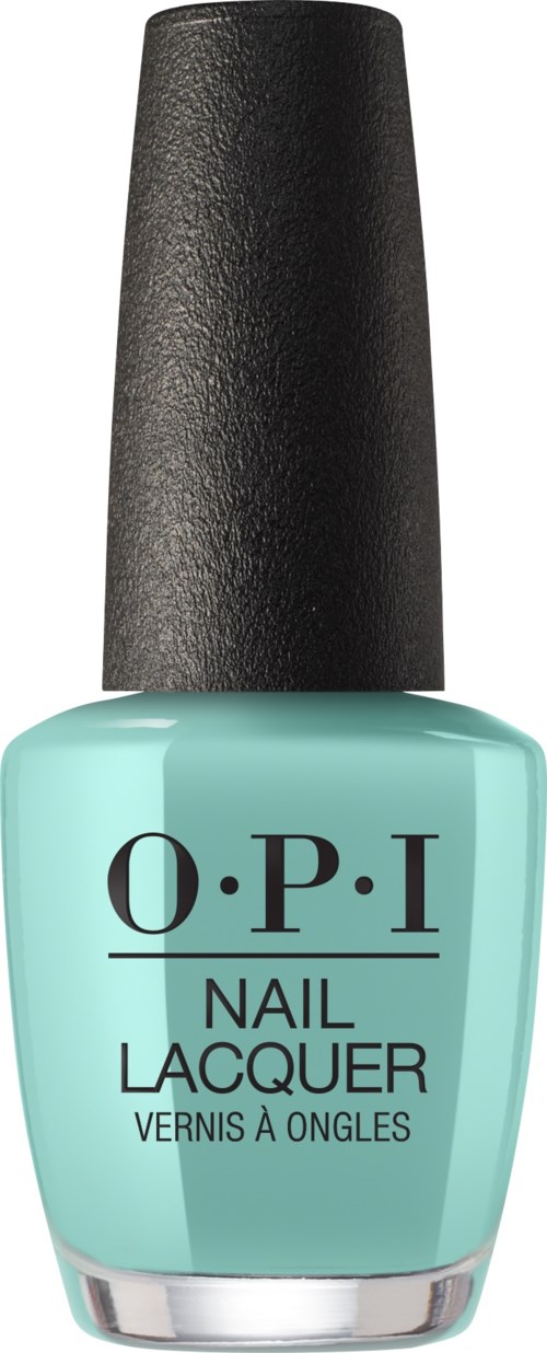 A bottle of O.P.I nail lacquer in light turquoise with black cap.