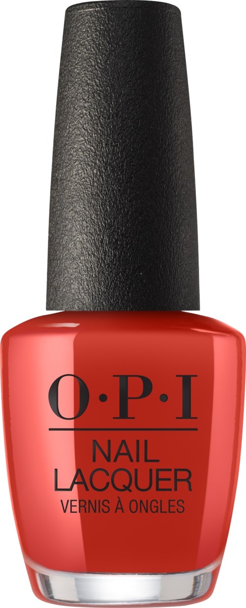 En röd nagellackflaska med svart lock från O.P.I, märkt som nagellack.