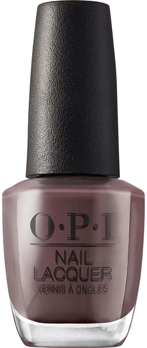 A bottle of O.P.I nail polish in a mauve color with a black cap.