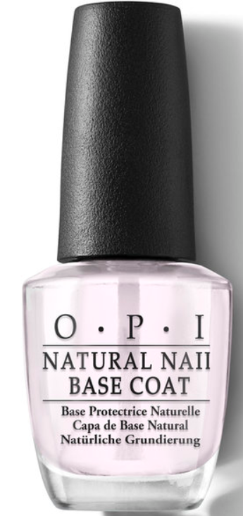 A clear pink nail polish bottle with black cap, labeled 'O.P.I' and 'Natural Nail Base Coat.'