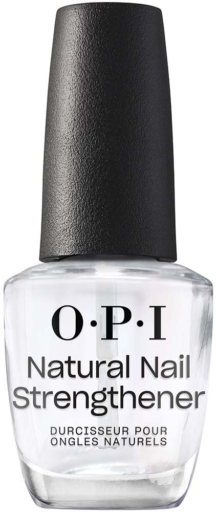 A clear nail polish bottle with a black cap, labeled 'O.P.I Natural Nail Strengthener.'