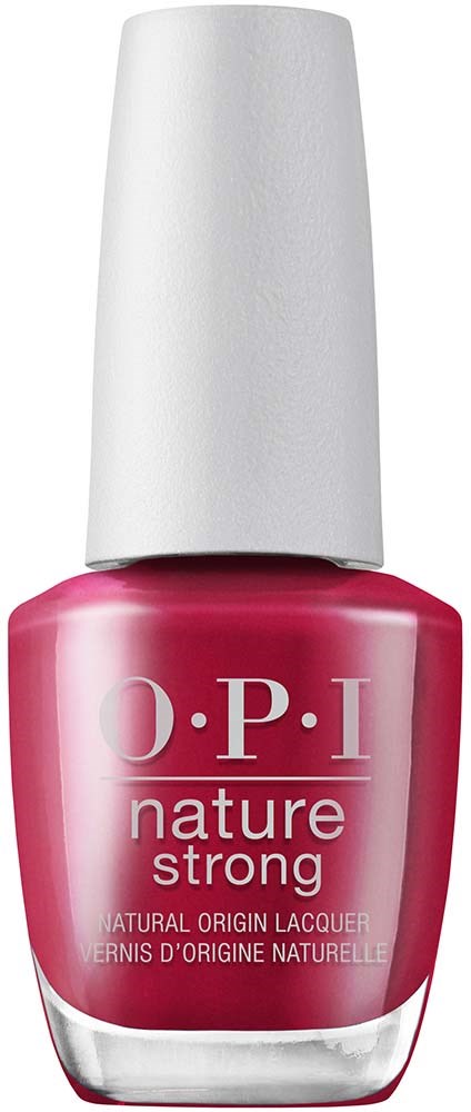 Pink nail polish bottle with white cap, labeled O.P.I nature strong, natural origin lacquer.