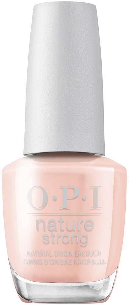 A bottle of O.P.I nail polish in light pink with a tall white cap.