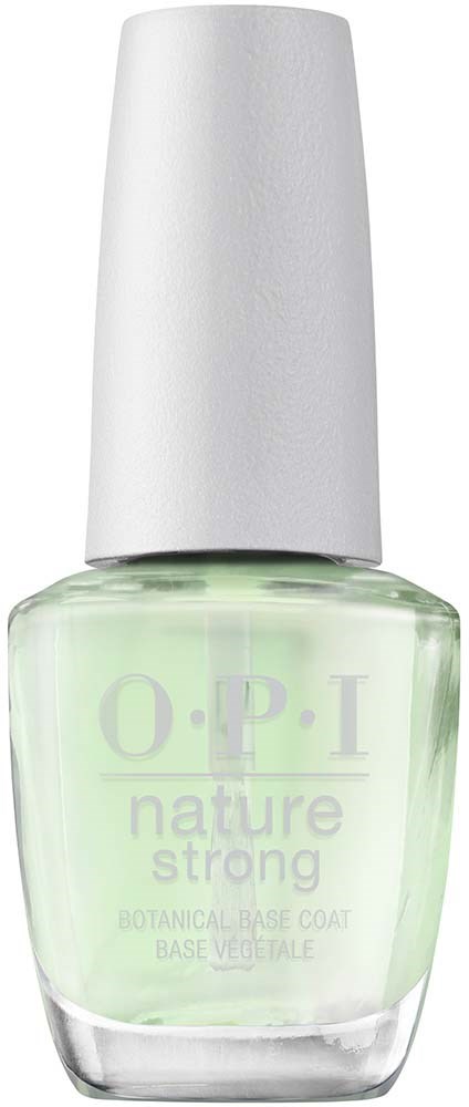 A small bottle of nail polish with a white cap and light green color, labeled O.P.I nature strong.