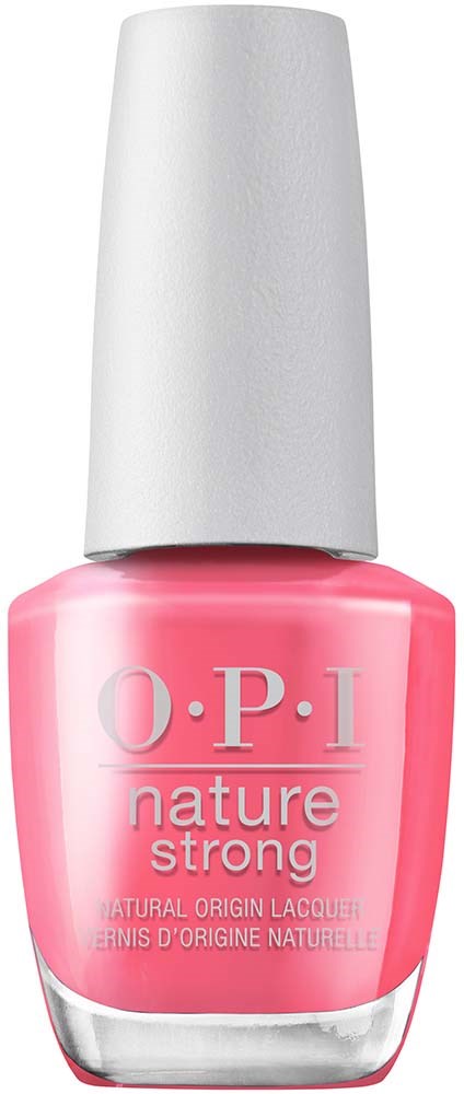 Pink nail polish bottle with a white cap, labeled 'O.P.I' and 'nature strong'.