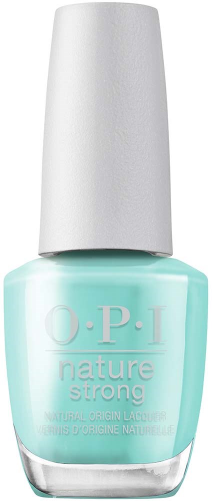 A light blue nail polish bottle with a white cap, labeled "O.P.I. nature strong".