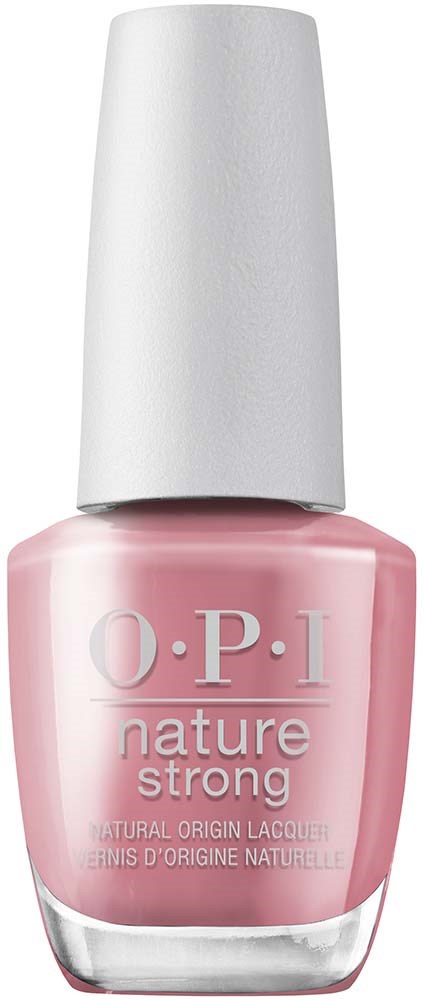 A pink nail polish bottle with white cap, labeled O.P.I, nature strong, and natural origin lacquer.