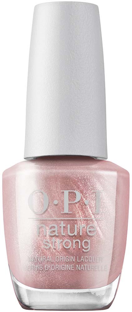 A pink O.P.I nail polish bottle with white cap, labeled "nature strong."