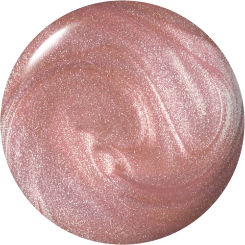 A shiny, pink, glittery makeup product in a round container with a swirled design.