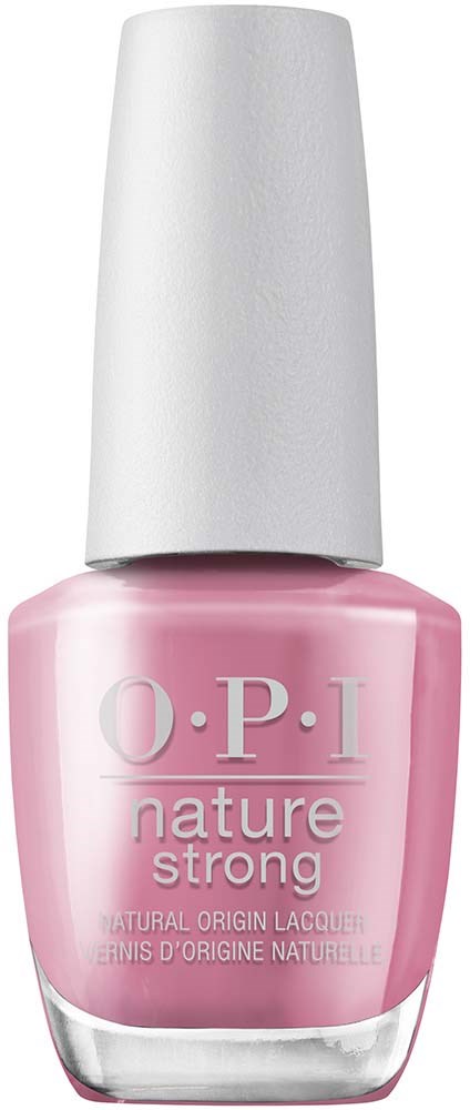 Pink nail polish bottle with a white cap, labeled O.P.I, nature strong, natural origin lacquer.