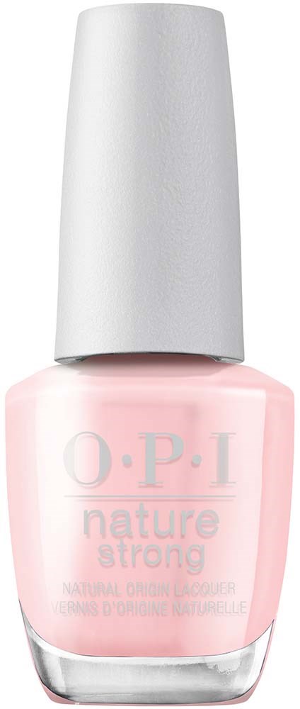 Pink nail polish bottle with a white cap, labelled 'O.P.I nature strong' for natural nail strength.