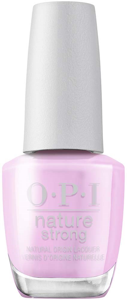 Light pink nail polish bottle with a white cap labeled 'O.P.I nature strong'.