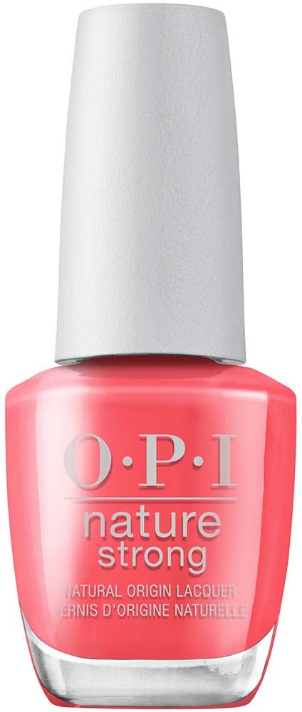 Pink nail polish in a bottle with a white cap. O.P.I brand, called 'nature strong.'